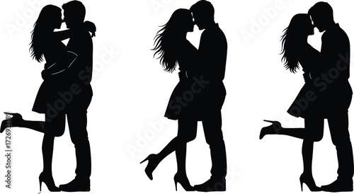 Romantic couple silhouette, love embrace pose, black vector art, affectionate man and woman, passionate moment, relationship illustration, emotional connection