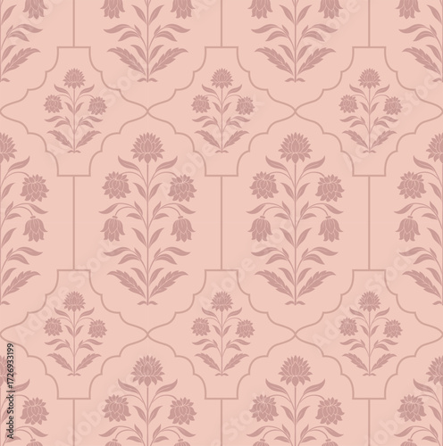 Mughal textile pattern with stylized pink flowers. Vintage flower pattern with ornamental blooms in pink and green tones.