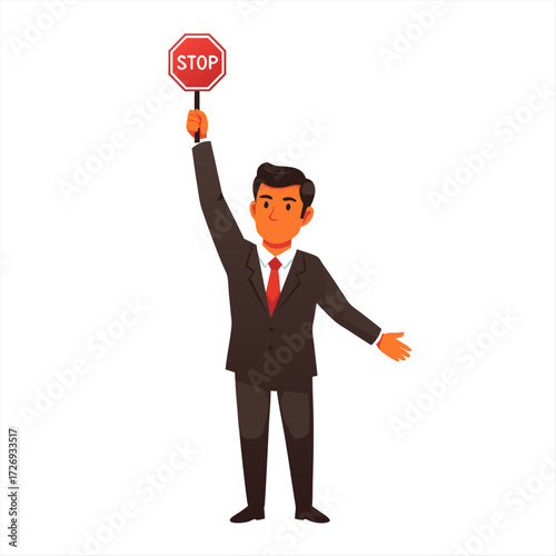 Business executive holding stop sign Preventing risks and enforcing corporate policy