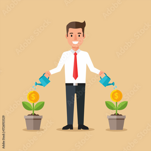 Business Growth An Investor Nurturing Success by Watering Money Plants for Financial Gains
