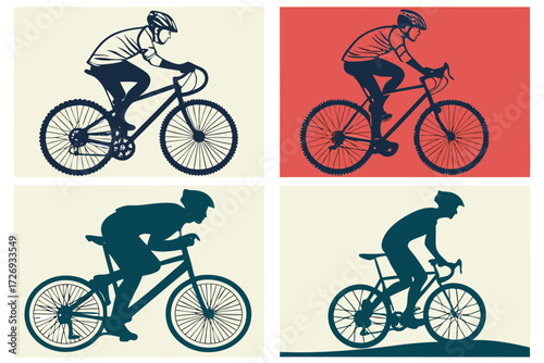 Cycling vector art featuring cyclists riding bikes in various styles and silhouettes for sports designs