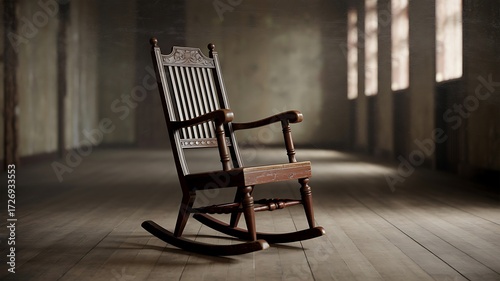 Antique wooden rocking chair in a dusty, sunlit room with tall windows vintage furniture