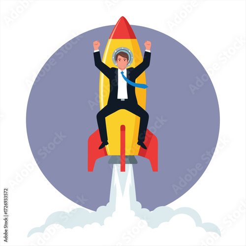 Excited professional accelerating rapid business growth, launching towards success with rocket power