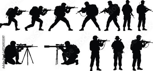 Soldier silhouette set, tactical combat poses, black vector military icons, rifle stances, battlefield illustration, armed forces action design