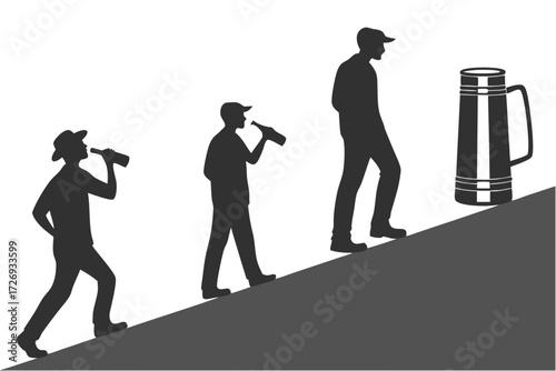 Man drinking beer bottle climbing hill towards giant beer mug silhouette illustration vector graphic
