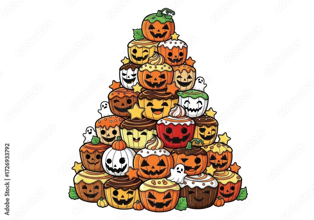 Obraz premium Stack of Halloween cupcakes with pumpkin faces ghosts and stars image
