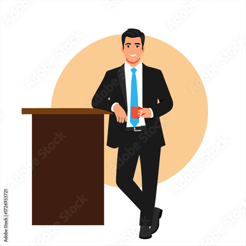 Confident business professional taking a coffee break, leaning on a podium vector illustration