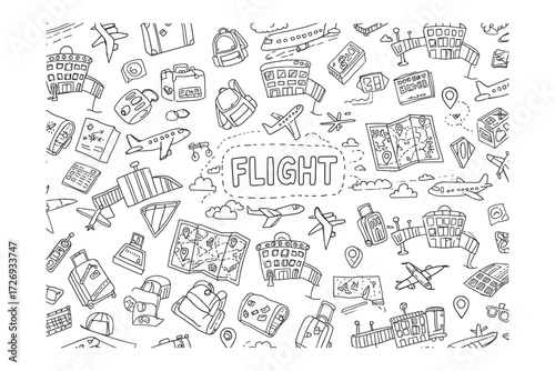 Flight adventure patterns travel destination graphic design creative environment top-down view exploration concept. Vector illustration