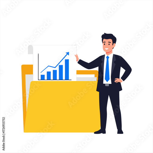 Business growth concept a man presents a growing business chart on a folder illustration