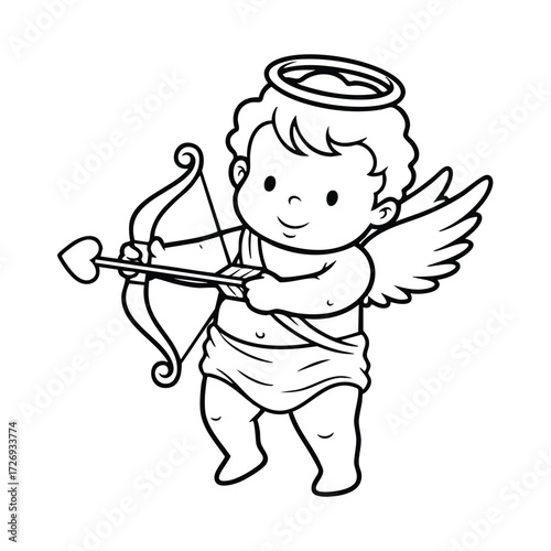 A charming cherubic figure with wings and a bow, ready to shoot a heart-shaped arrow in a playful manner.