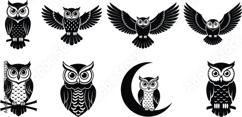 Stylized owl silhouette set, black vector birds, mystical moon perch, nocturnal animal icons, artistic wildlife illustration, decorative nature design