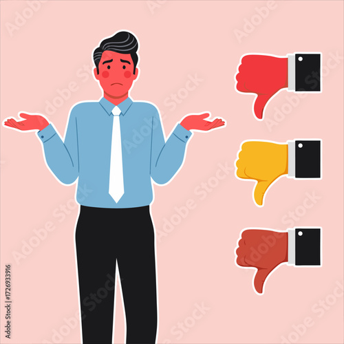 Disappointed business professional faces overwhelming negative feedback and rejection, shrugging off a failed proposal or strategy