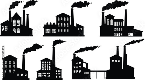 Set of old industrial factory buildings with chimneys, smoke stacks and windows, vintage style vector illustration of industry plants