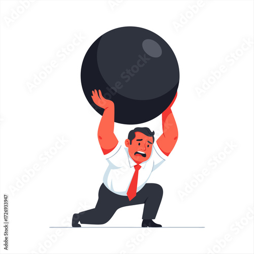 Business burden A man struggles with a giant ball representing overwhelming business pressure