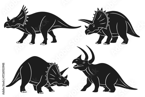Triceratops dinosaur vector illustration prehistoric animal jurassic period horned face extinct creature set art silhouette
