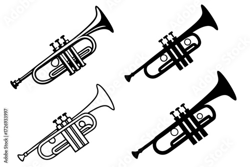 Trumpet clip art vector illustration for musical instrument design and jazz band graphics black and white art silhouette