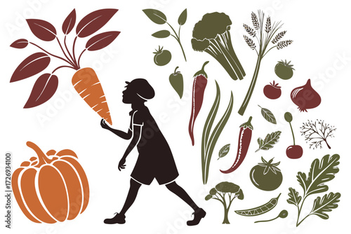 Healthy eating habits for kids with fresh vegetables and fruits including carrot pumpkin broccoli tomato onion silhouette