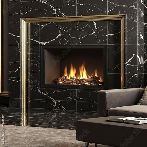 Living room fireplace design with black marble tiles metallic accents and warm lighting creating cozy stylish luxurious interior environment