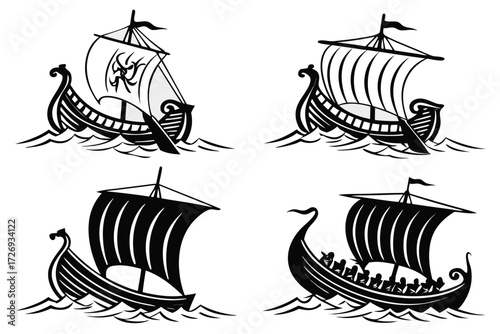 Explore ancient viking ship vector art black and white illustration set for history and nautical designs ideas silhouette