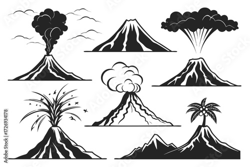 Volcano eruption vector illustration set, volcanic activity, magma, ash cloud, nature, landscape, geology 100 silhouette
