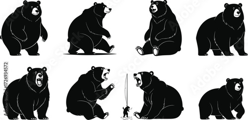 Wild bear silhouette vector collection showing standing, sitting, roaring, fishing, and walking bear poses for nature wildlife design illustration