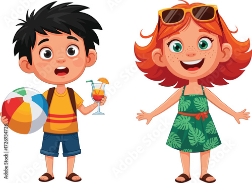 Summer kids at beach, tropical vacation fun, cartoon children illustration, happy boy girl, holiday outfit, beach ball, sunglasses, drink