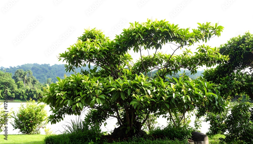 Fototapeta premium Lush green tree by a lake