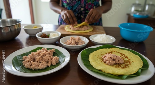 Wallpaper Mural Woman Preparing Traditional Food with Flatbread and Tuna in Kitchen Setting Torontodigital.ca