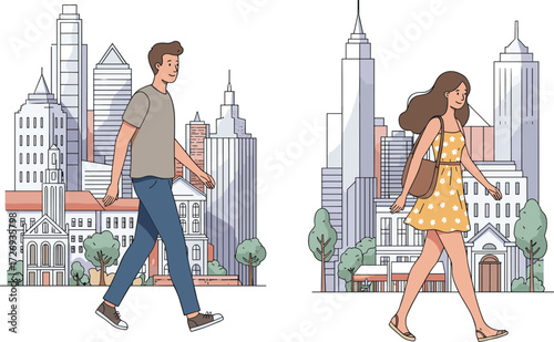 Urban walking, city life, man and woman, casual outfit, modern buildings, street scene, daily routine, fashion, lifestyle, movement, travel, architecture, skyscrapers, trees, sidewalk, 
