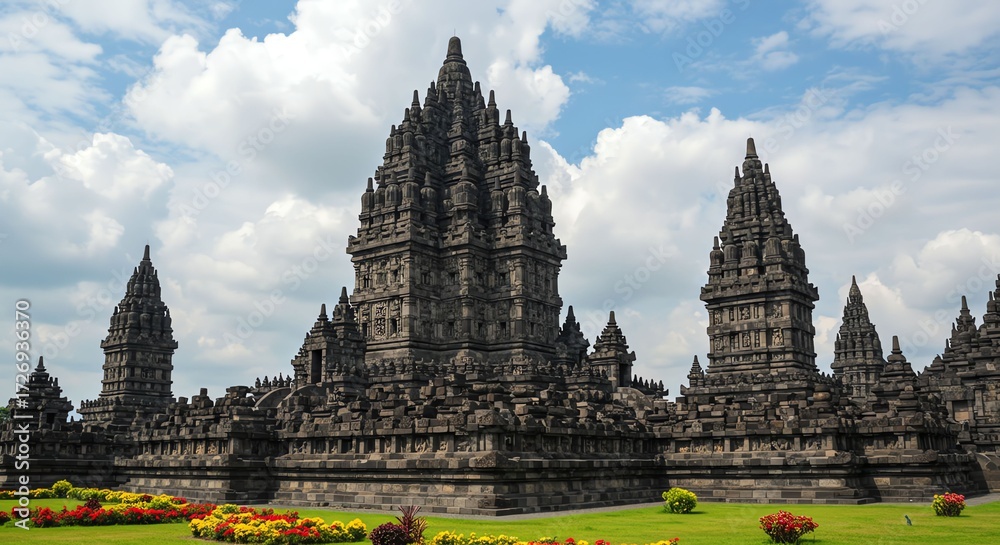 Fototapeta premium Ancient Stone Temple Complex Under Blue Sky with White Clouds in Historic Site