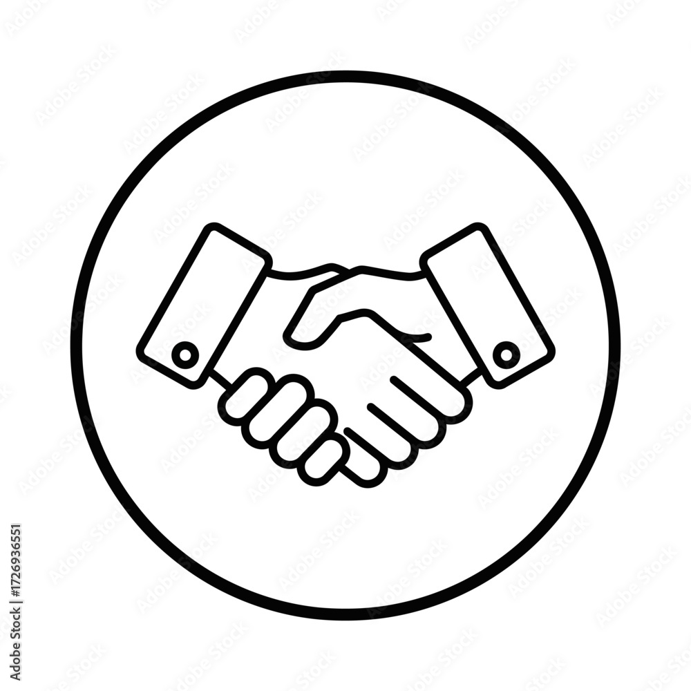 Naklejka premium Black and white line art illustration of two hands shaking inside a circle.