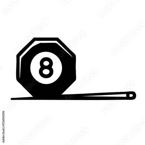 Modern minimalist billiards logo with geometric 8-ball and thin-line cue stick