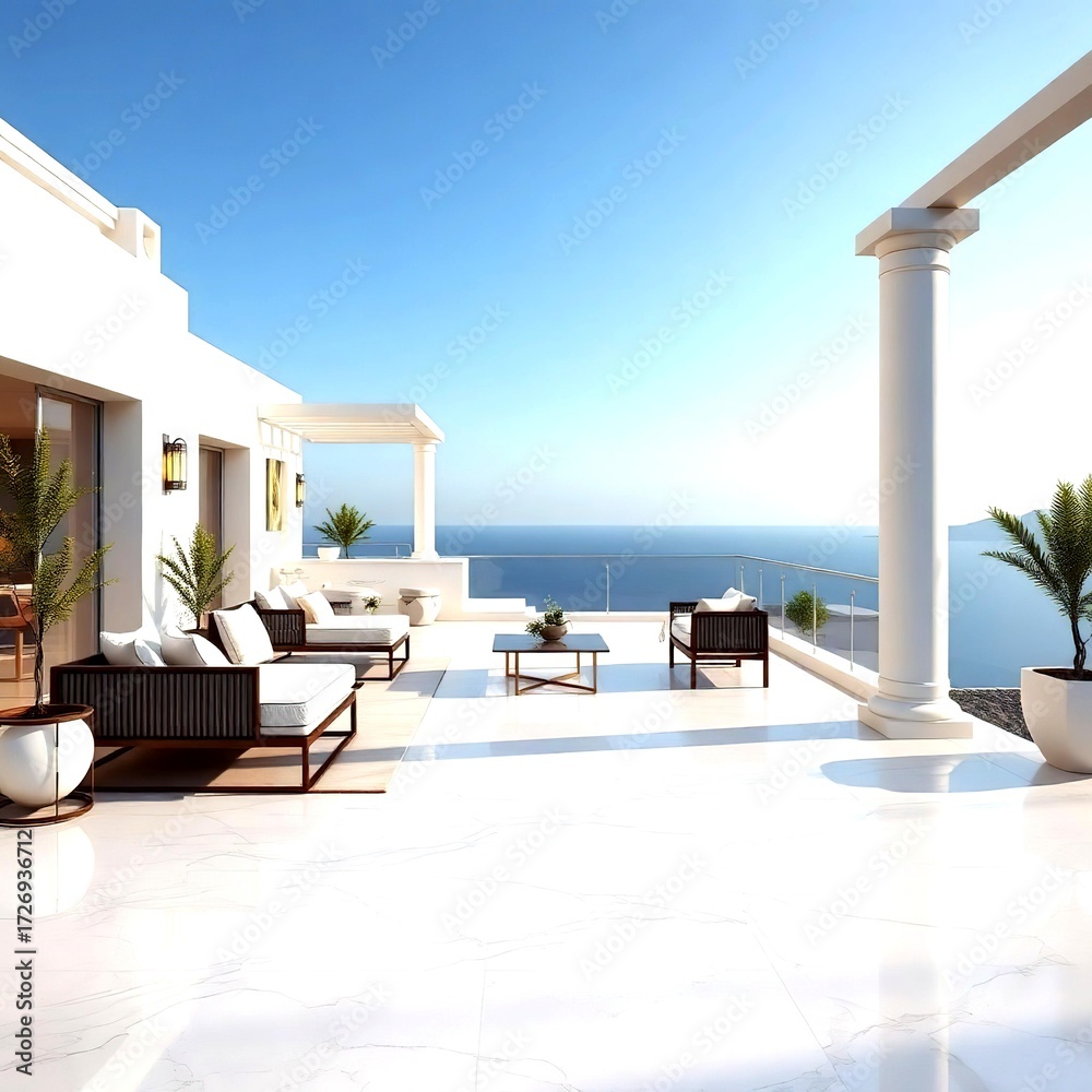 Fototapeta premium Outdoor villa terrace design with white marble tiles panoramic sea view modern furniture and warm lighting creating luxurious lifestyle atmosphere