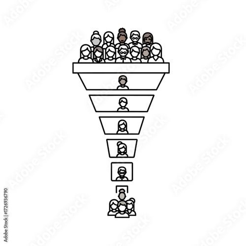A black and white line art icon of a marketing or sales funnel, illustrating the process of converting leads into customers.