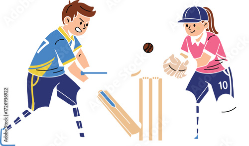 Young kids playing cricket, boy batting with broken bat, girl wicketkeeper catching ball, children sports game, active youth playing cricket, outdoor kids 