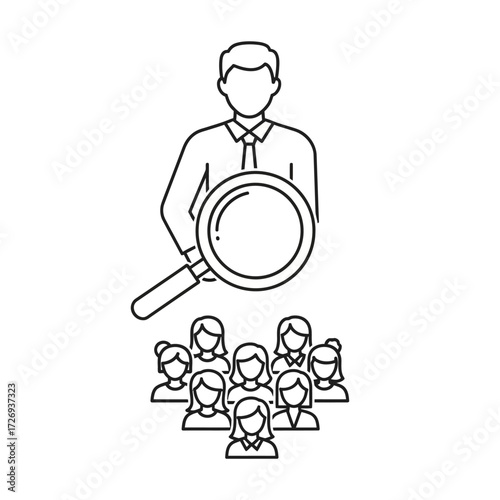 A person holding a magnifying glass over a group of people, representing investigation and analysis.