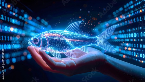 Human Hand Holding Glowing Blue Digital Fish: Data, AI, and Future Technology Concept with Binary Code Background