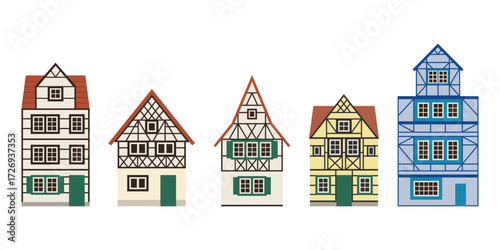 Set of Traditional German Houses. Flat facades of european framing houses, cottages. Vector illustrations isolated on white background. Set for travel posters, maps, guides, postcards, branding.