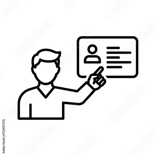 Line art icon of a person presenting or pointing to an identification card or user profile.