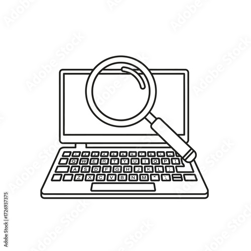 A black and white line drawing of a laptop computer with a magnifying glass placed over the screen.