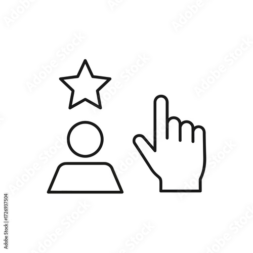 A simple line art icon depicting a user profile with a star above it, next to a pointing finger icon, symbolizing selection or rating.