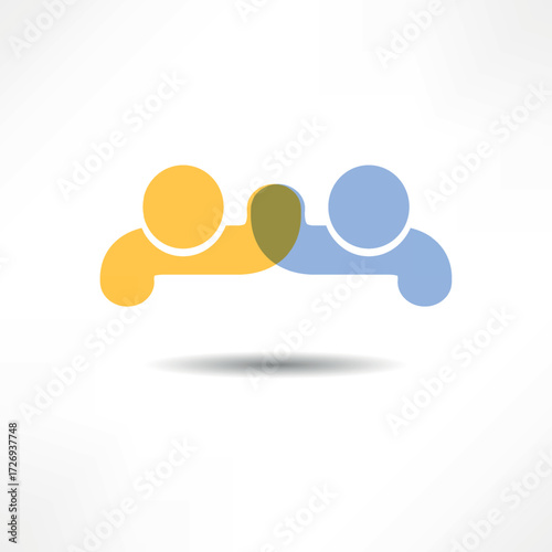 Two colorful figures face each other while sharing a shield, symbolizing teamwork and protection in a collaborative effort