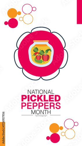 National Pickled Peppers Month Poster Banner and Background Abstract Design Template with Colorful Jars of Preserved Vegetables Illustration for mobile responsive