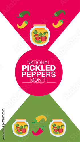 National Pickled Peppers Month Poster Banner and Background Abstract Design Template with Colorful Jars of Preserved Vegetables Illustration for mobile responsive