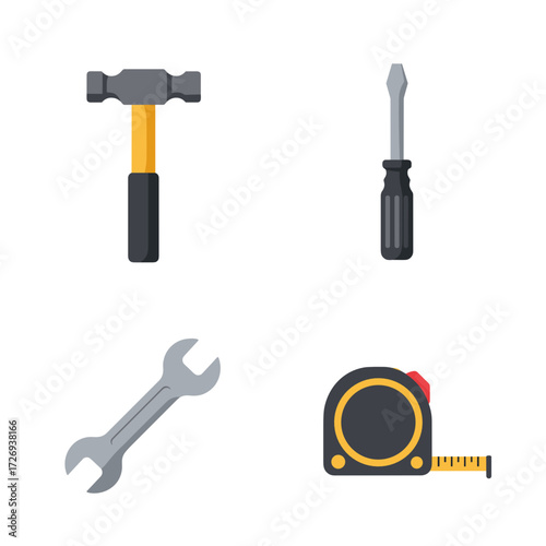 Basic tool set with hammer, screwdriver, wrench, and tape measure, construction and repair equipment, handyman concept, DIY project and hardware store promotion