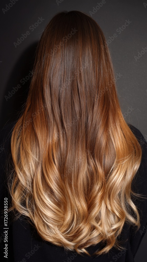 Fototapeta premium Smooth Ombre Hair Transition from Deep Coffee Brown to Warm Beige Shades for Stylish Looks