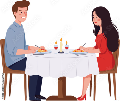 Romantic couple enjoying candlelight dinner, eating pasta with wine glasses, cozy atmosphere, smiling faces, intimate dining, white tablecloth, red dress, casual wear.