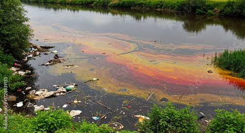 Polluted River with Floating Trash and Oil Slicks in Natural Setting