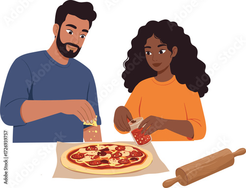 Young couple preparing homemade pizza together, adding cheese and spices, happy faces, kitchen fun, fresh ingredients, rolling pin, casual clothing, white background.