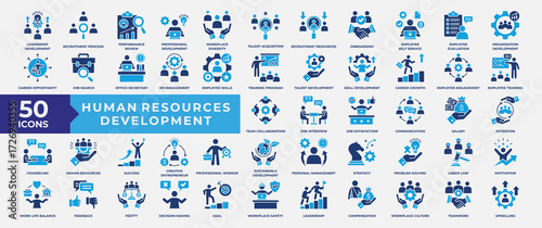 Human Resources Development Icon Collection, Containing leadership, development, talent, teamwork, performance, recruitment, strategy and skill. Simple Flat Solid Vector Illustration.